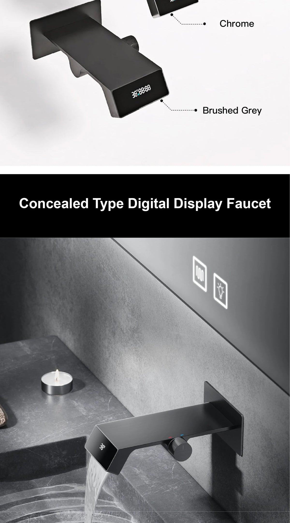 Luxury gun gray brass bathroom faucet LED digital display design, hot and cold water in wall type single handle basin faucet