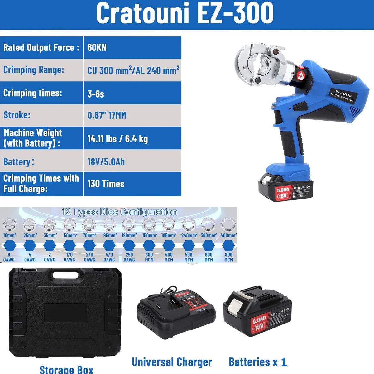EZ-300 EZ-400 Electric Hydraulic Plier with Battery Handheld Rechargeable Cable Copper Aluminum Terminal Crimping Tool & 12 Sets of Dies