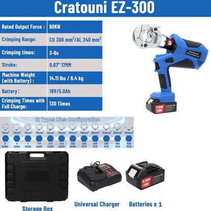EZ-300 EZ-400 Electric Hydraulic Plier with Battery Handheld Rechargeable Cable Copper Aluminum Terminal Crimping Tool & 12 Sets of Dies
