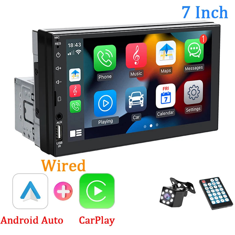 7“ Car Radio 1 Din Carplay Android Auto Multimedia Player HD Touch Screen FM AUX Input Bluetooth MirrorLink Universal Autoradio