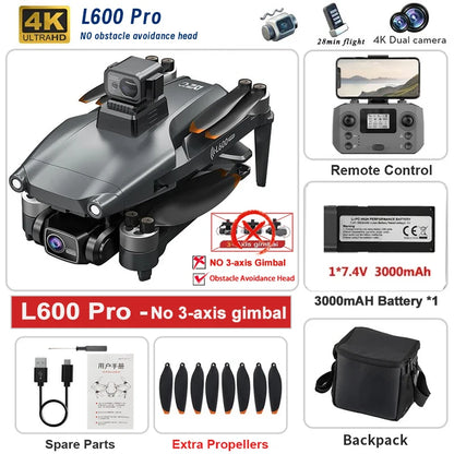 Dron L600 PRO / L600 PRO MAX 4K Profesional HD con Cámaras Duales, Gimbal de 3 Ejes, WIFI 5G, Sin Escobillas, con Evitación de Obstáculos y Seguridad