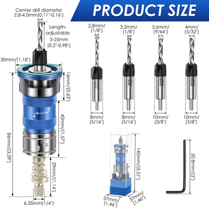 Woodworking Countersink Drill Bit Adjustable Depth Stop 4 Flute 1/4 Inch Hex Shank Pilot Hole Tool for Cabinet DIY Furniture