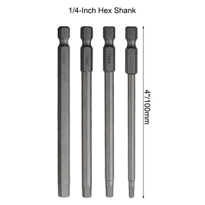 4Pc 1/4inch Hex Shank 100mm Long Screwdriver Bits Set For Torx / Hexagon / Cross / Slotted Hand Tool Alloy Steel