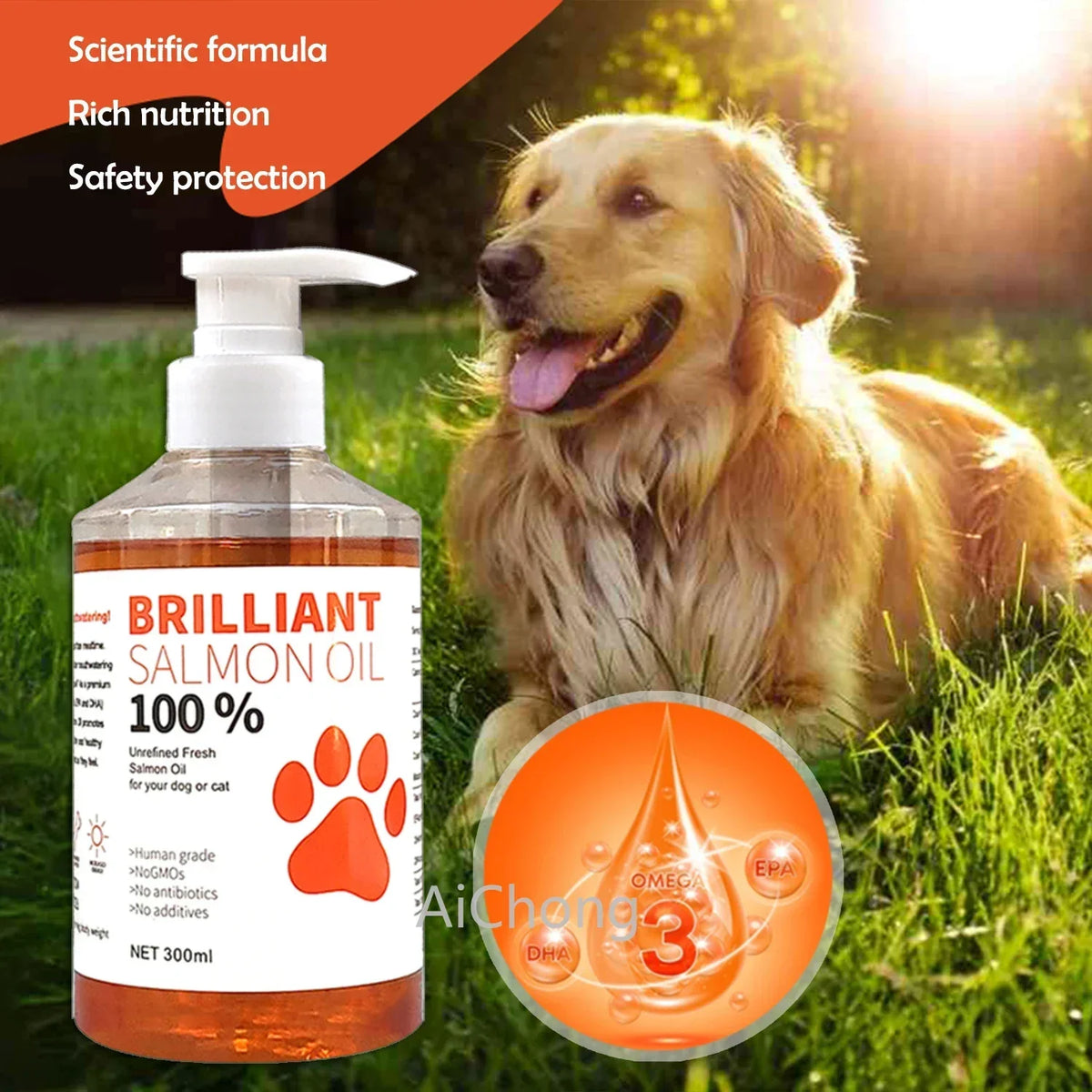 Aceite de Salmón de Grado Humano (500ml, 300ml, 200ml, 100ml) para Perros y Gatos Suplemento de Ácidos Grasos Omega 3 para una Salud y Nutrición Óptimas