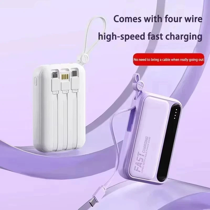 Lenovo Mini 50000mAh Fast Charging Battery Pack Power Bank with 4 Built-in Type C Cables for iPhone, Samsung, and Android Devices