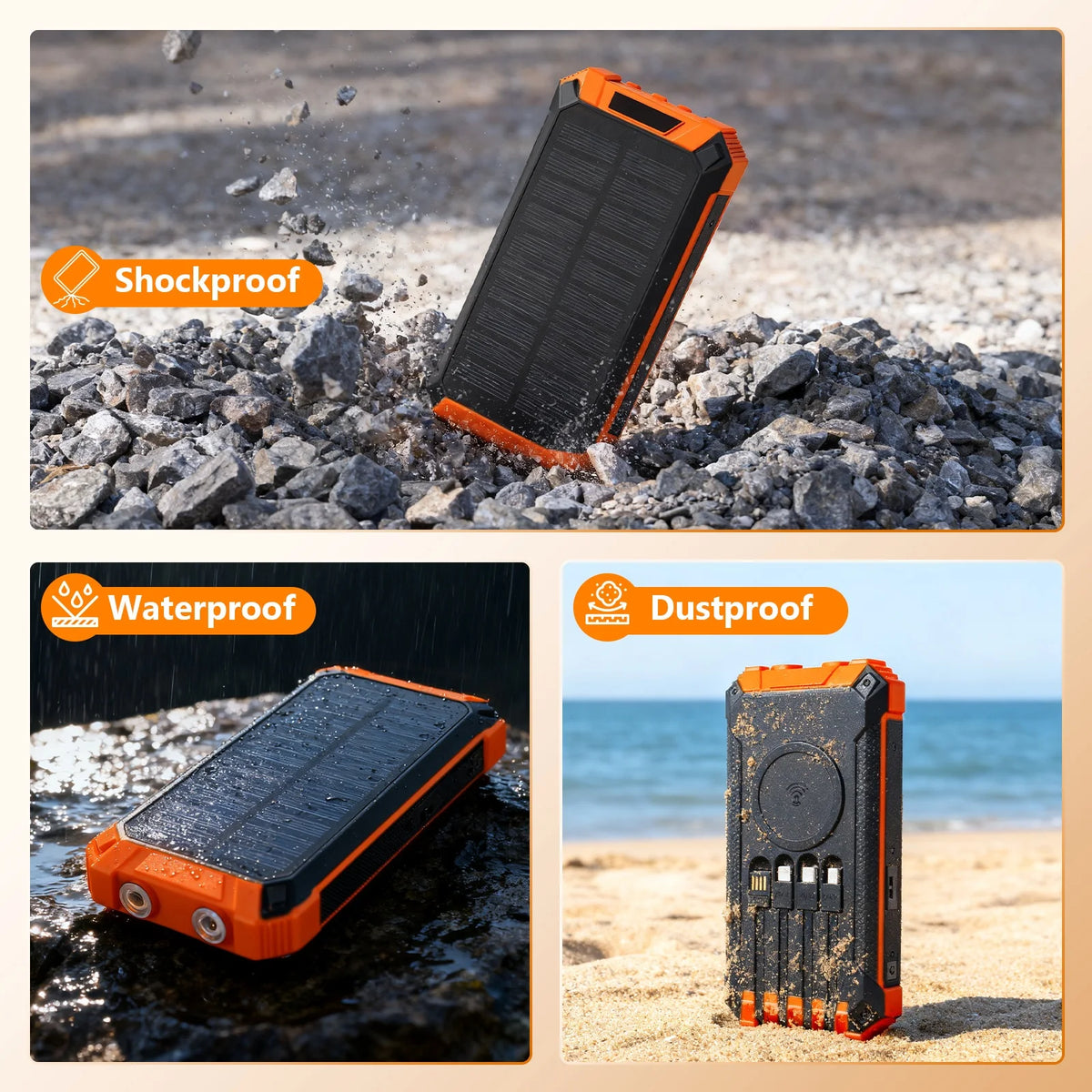 20000mAh Portable Solar Power Bank with Dual LED Lights, 4 Built-in Cables, and Fast Charging for iPhone, Android Phones, and AirPods