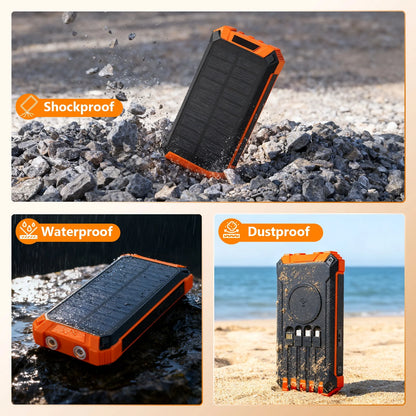 20000mAh Portable Solar Power Bank with Dual LED Lights, 4 Built-in Cables, and Fast Charging for iPhone, Android Phones, and AirPods
