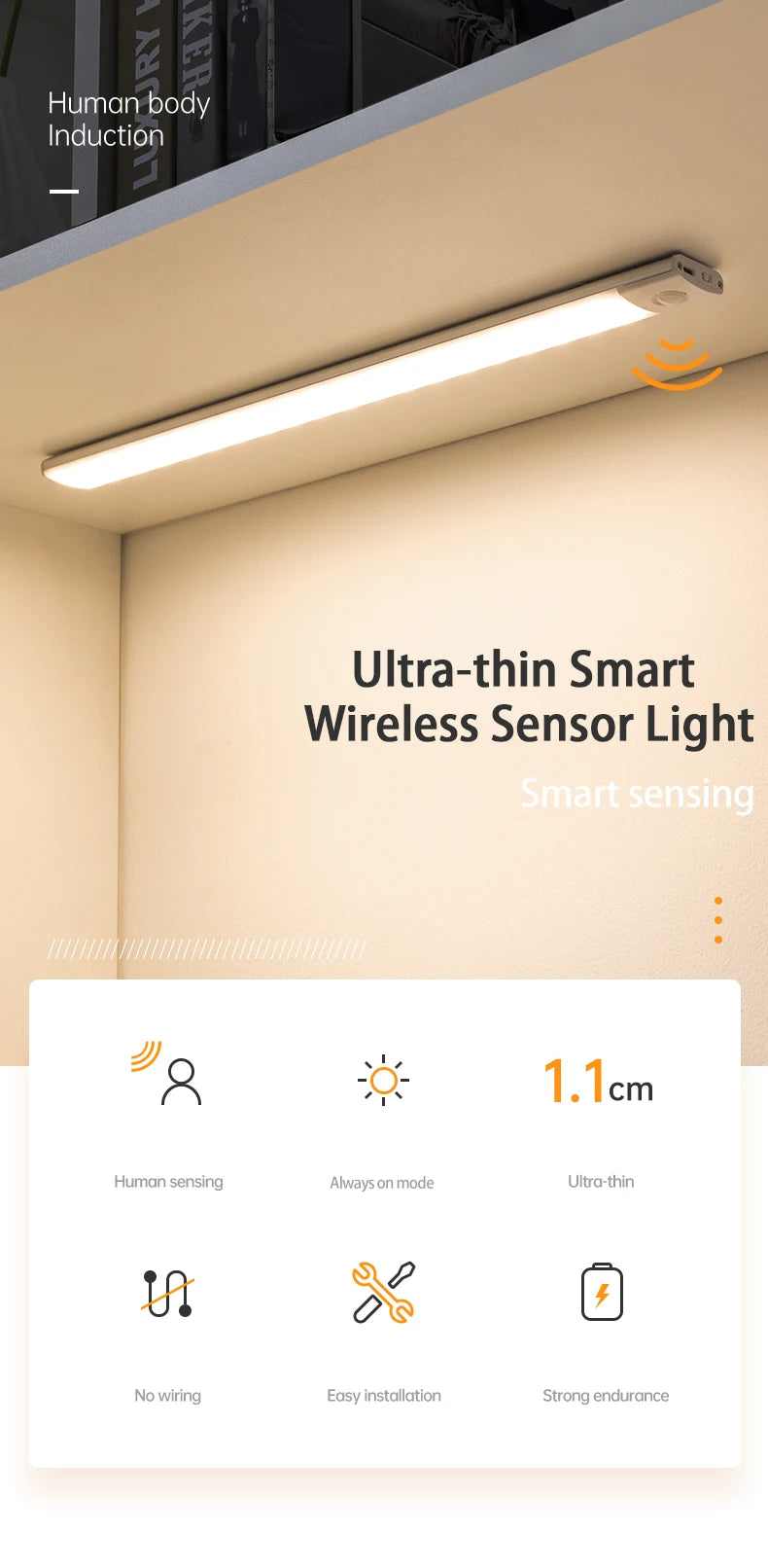 Cabinet Lights Motion Sensor LED Wireless USB Under Ultra Thin Night Light For Kitchen Cabinet Bedroom Wardrobe Indoor Lighting