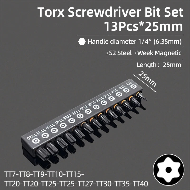 Torx Screwdriver Bit Set Tamper Proof Security Drill Bits 25mm Long Magnetic Flat Head 1/4” Hex Screw Driver Hand Tools T5-T40
