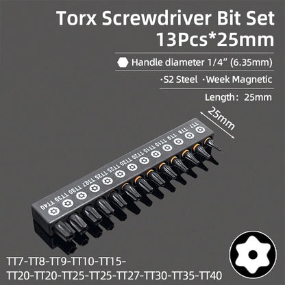Torx Screwdriver Bit Set Tamper Proof Security Drill Bits 25mm Long Magnetic Flat Head 1/4” Hex Screw Driver Hand Tools T5-T40