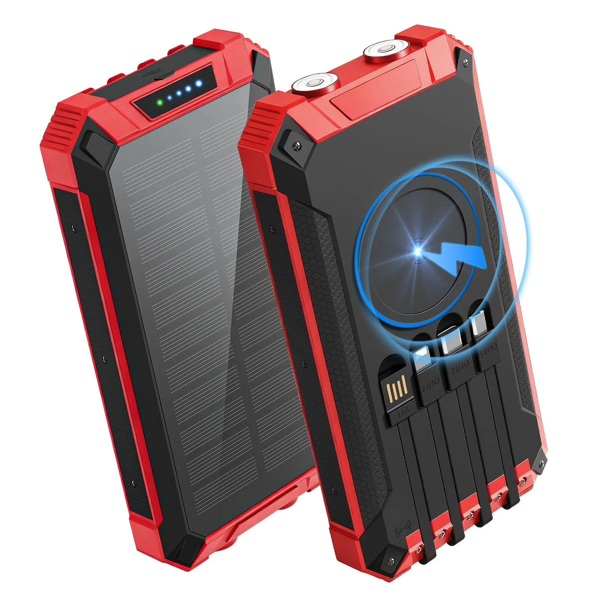 20000mAh Portable Solar Power Bank with Dual LED Lights, 4 Built-in Cables, and Fast Charging for iPhone, Android Phones, and AirPods