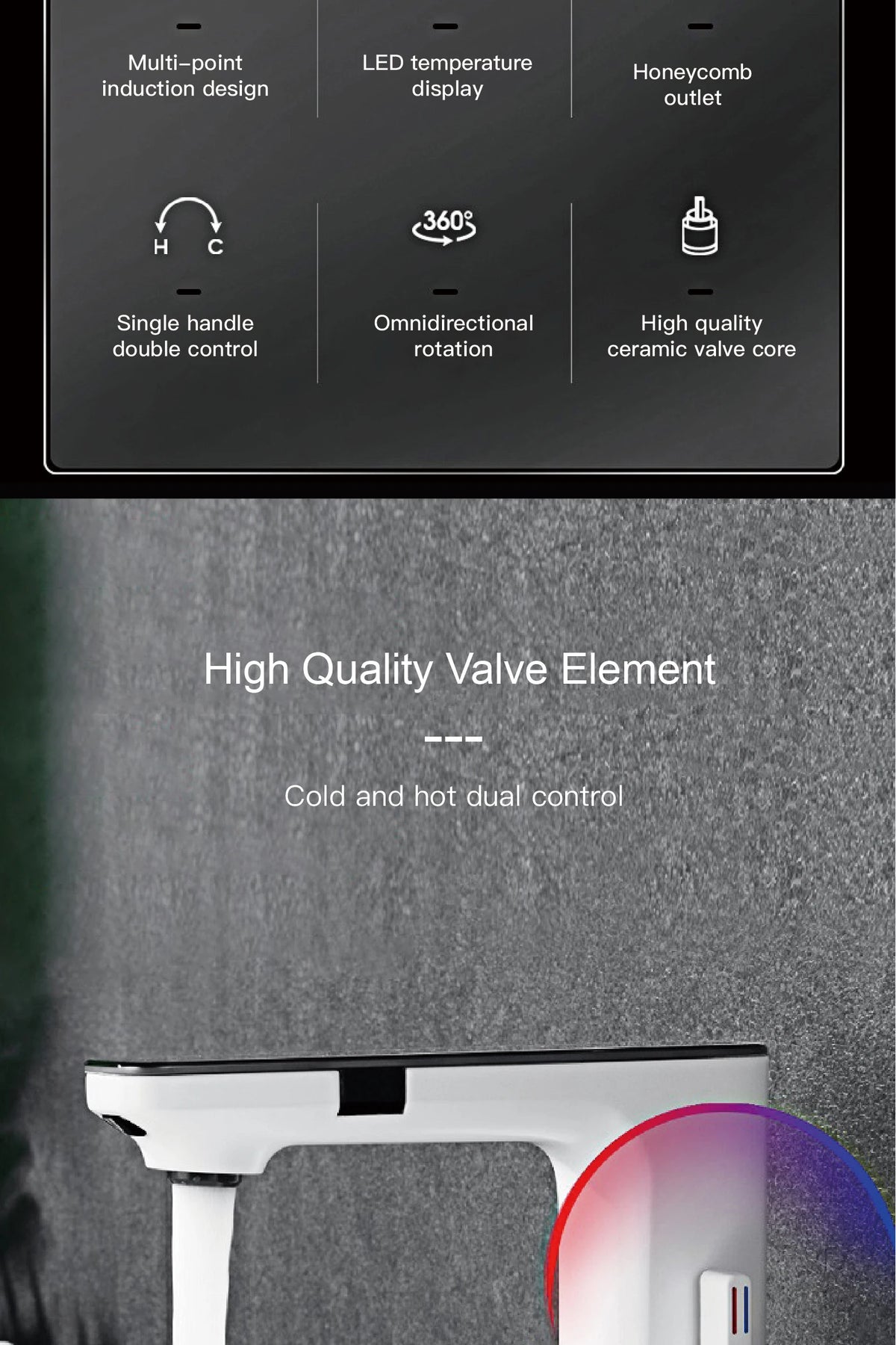White Intelligent Brass Bathroom Faucet, Induction Design with LED Temperature Display, Single-Hole Single-Handle Hot and Cold Basin Tap