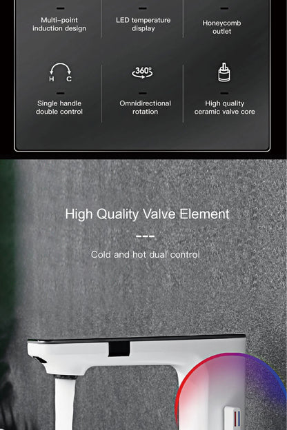 White Intelligent Brass Bathroom Faucet, Induction Design with LED Temperature Display, Single-Hole Single-Handle Hot and Cold Basin Tap