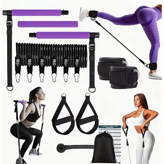 Bandas de Resistencia de 180 libras con Barra de Pilates Ajustable, Set de Gimnasio Portátil para Entrenamiento de Fuerza Corporal Completa y Pilates