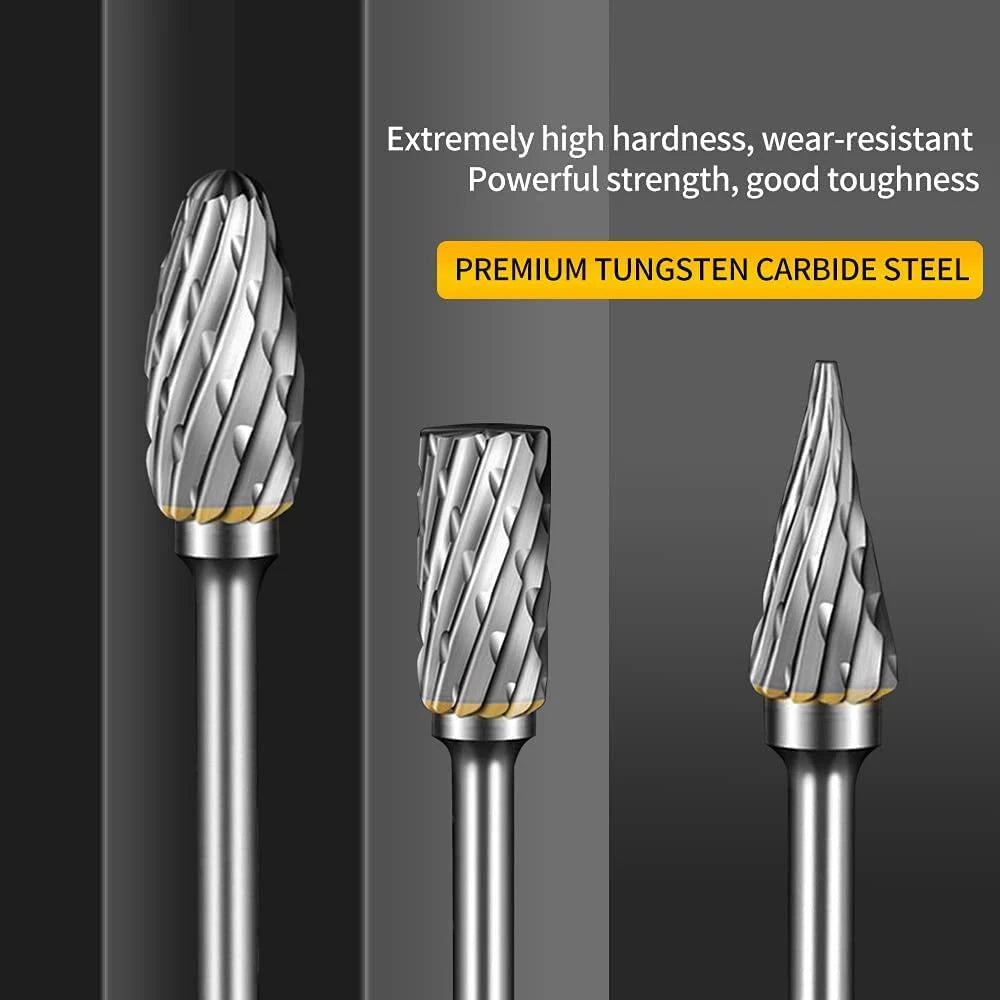 Carbide Rotary Burr Set 10PCS Double Cut Carving Burr Bits Tungsten Carbide 1/8" Shank 1/4" Grinding Head for DIY Carving