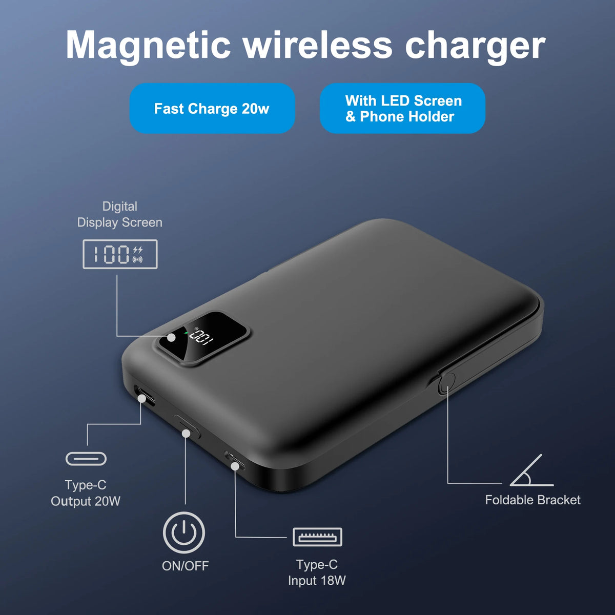 Magnetic Power Bank 10000mAh Wireless Charger 20W Fast Charging Portable External Battery Pack for iPhone 15/14/13/12 Series