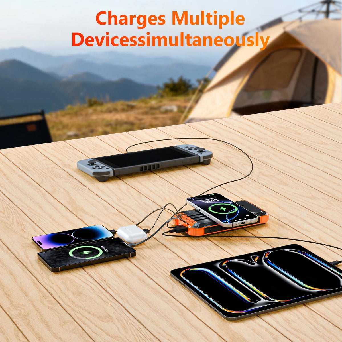 20000mAh Portable Solar Power Bank with Dual LED Lights, 4 Built-in Cables, and Fast Charging for iPhone, Android Phones, and AirPods