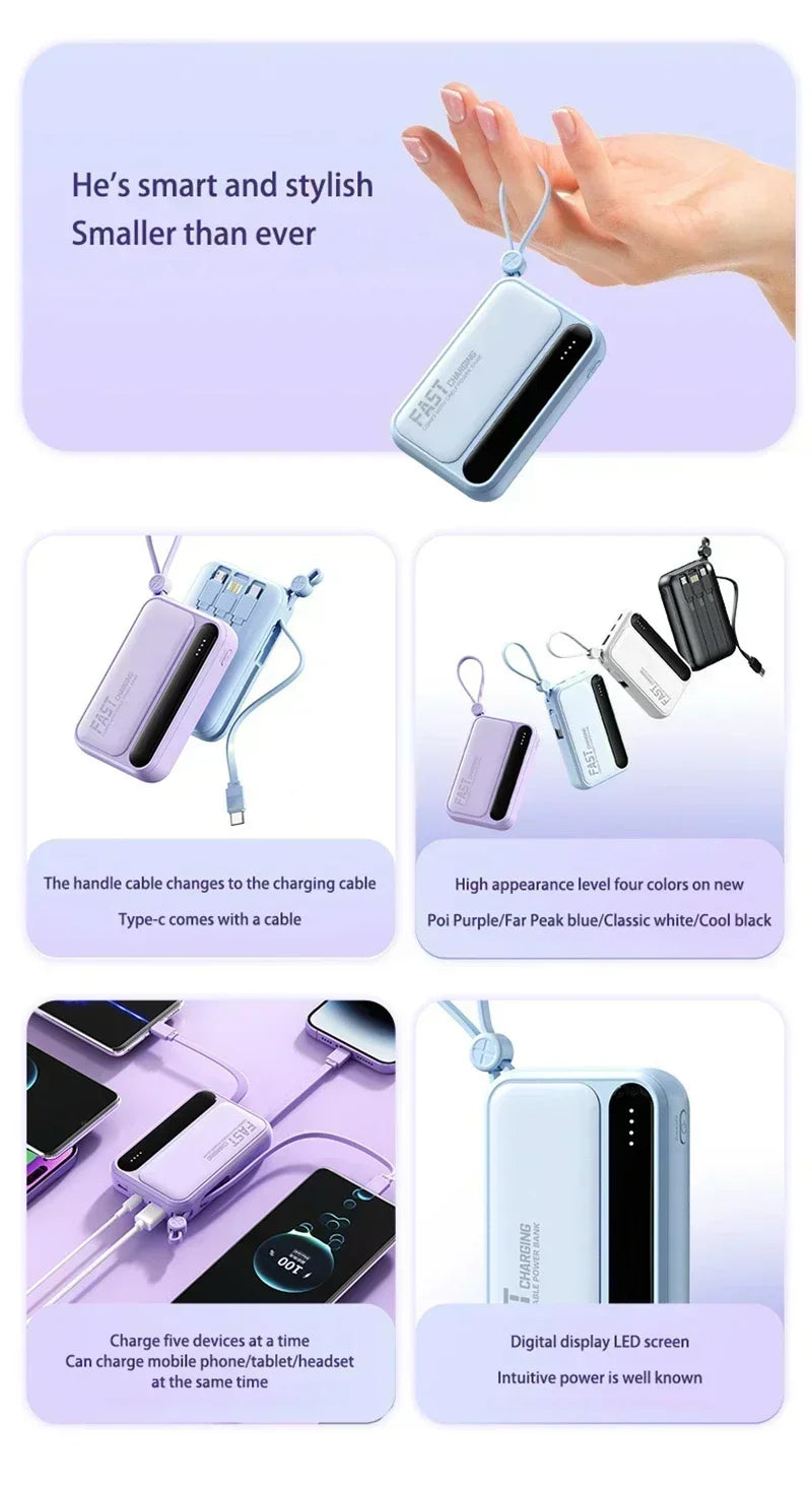 Lenovo Mini 50000mAh Fast Charging Battery Pack Power Bank with 4 Built-in Type C Cables for iPhone, Samsung, and Android Devices