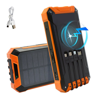 20000mAh Portable Solar Power Bank with Dual LED Lights, 4 Built-in Cables, and Fast Charging for iPhone, Android Phones, and AirPods