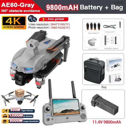 Nuevo Dron AE60 con GPS, Cámara HD Profesional 8K, Gimbal de 3 Ejes sin Escobillas, Evitación de Obstáculos, Pantalla Táctil, Lanzamiento Aéreo, FPV, Drones de Seguridad
