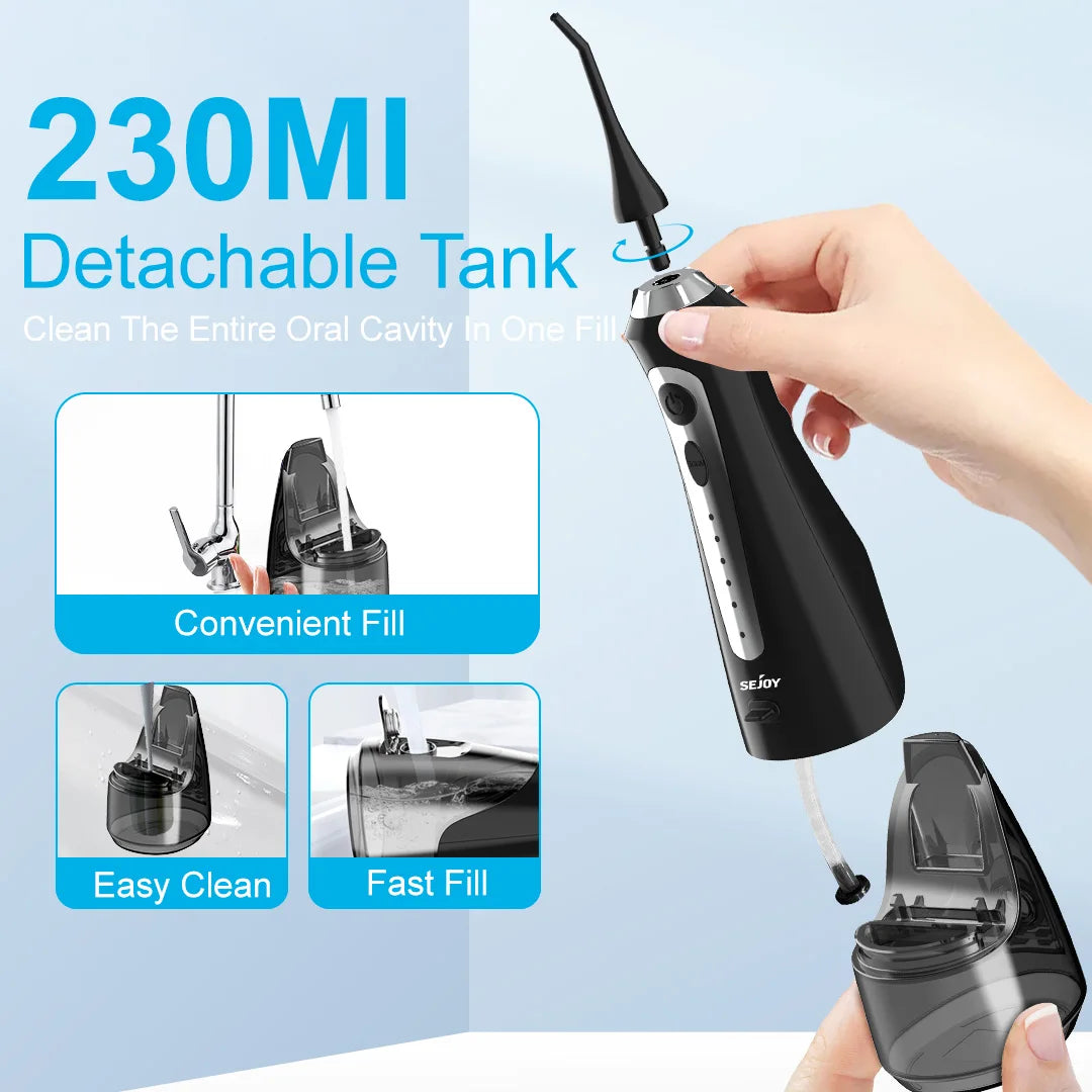 SEJOY Water Flosser Dental Oral Irrigator Teeth Whitening Strips Portable 230ML Tank 5 Modes 8 Jet Tips for Home Use