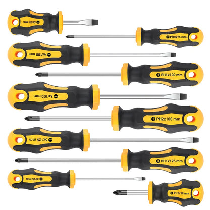 10-piece magnetic screwdriver set features Phillips and flathead tips with professional cushioned grip