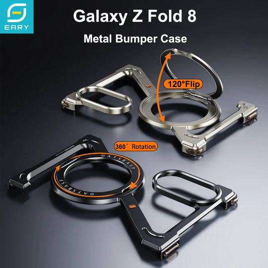 Eary Z Shape for Samsung Galaxy Z Fold 6 Metal Bumper Case with Stand 360° Rotate Magnetic Ring Minimalist Frameless Phone Cover