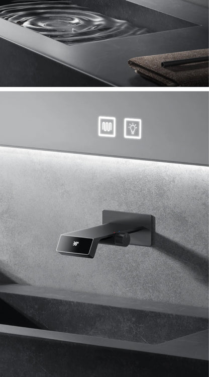 Luxury gun gray brass bathroom faucet LED digital display design, hot and cold water in wall type single handle basin faucet