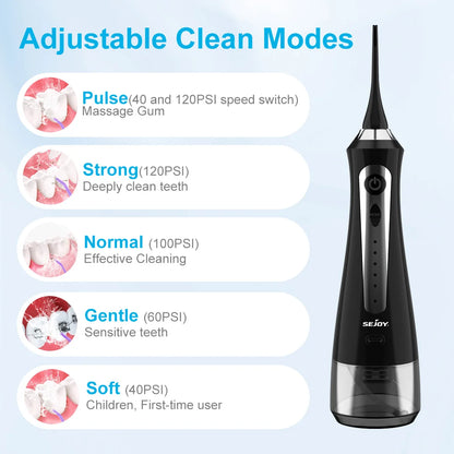 SEJOY Water Flosser Dental Oral Irrigator Teeth Whitening Strips Portable 230ML Tank 5 Modes 8 Jet Tips for Home Use