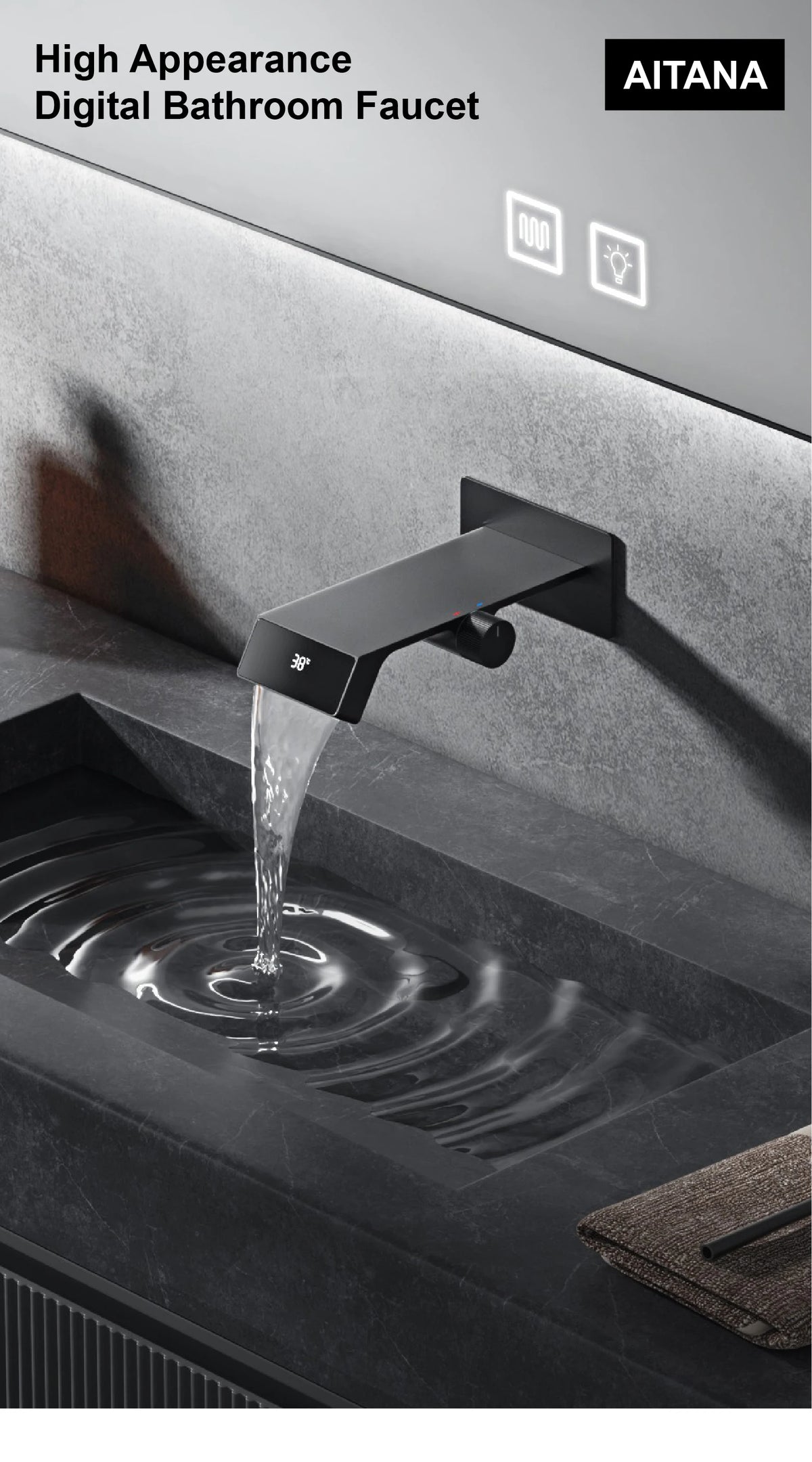 Luxury gun gray brass bathroom faucet LED digital display design, hot and cold water in wall type single handle basin faucet