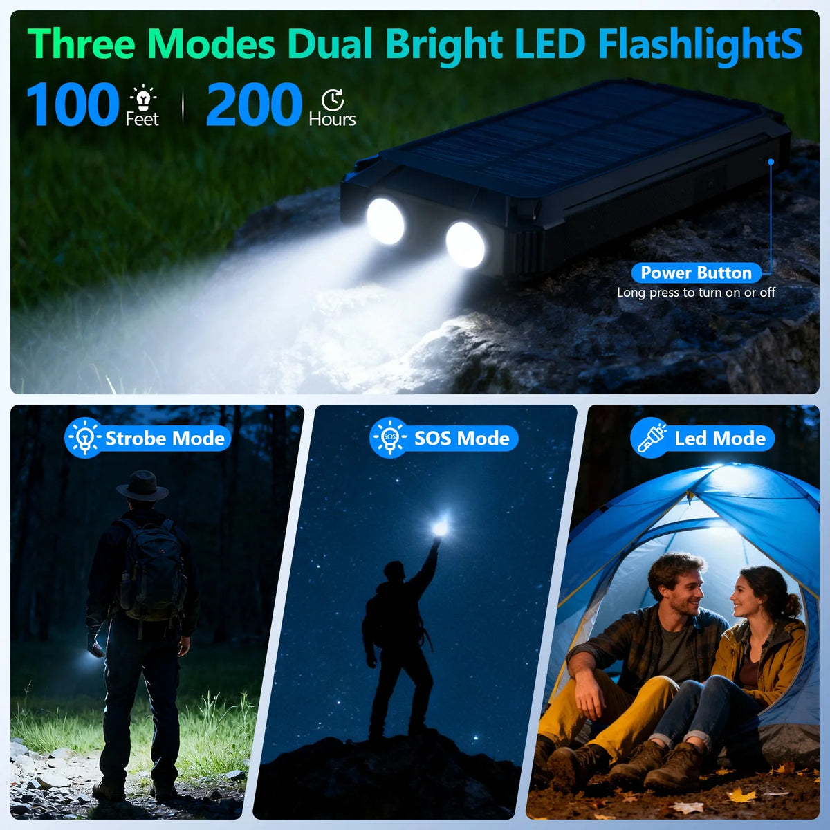 20000mAh Portable Solar Power Bank with Dual LED Lights, 4 Built-in Cables, and Fast Charging for iPhone, Android Phones, and AirPods