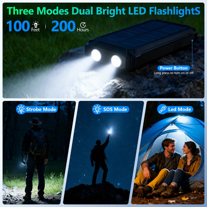 20000mAh Portable Solar Power Bank with Dual LED Lights, 4 Built-in Cables, and Fast Charging for iPhone, Android Phones, and AirPods