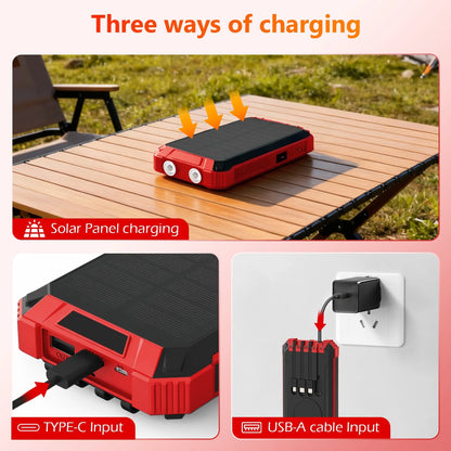 20000mAh Portable Solar Power Bank with Dual LED Lights, 4 Built-in Cables, and Fast Charging for iPhone, Android Phones, and AirPods