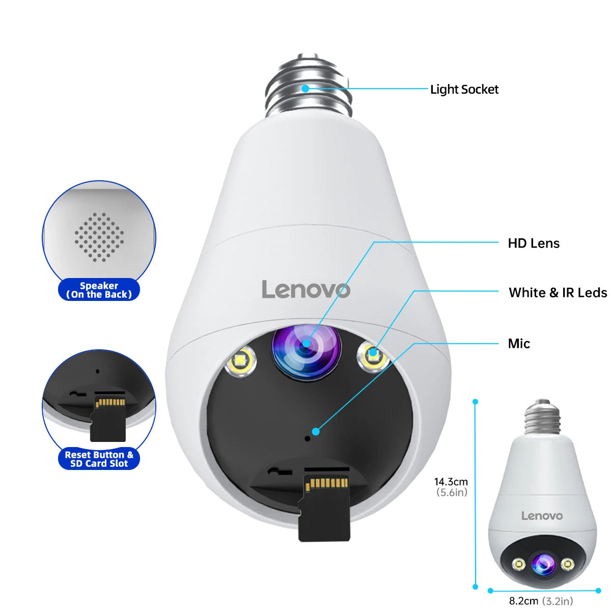 Lenovo 3MP E27 bombilla IP WiFi cámara de videovigilancia interior Color noche AI seguimiento hogar inteligente Monitor de bebé cámara CCTV