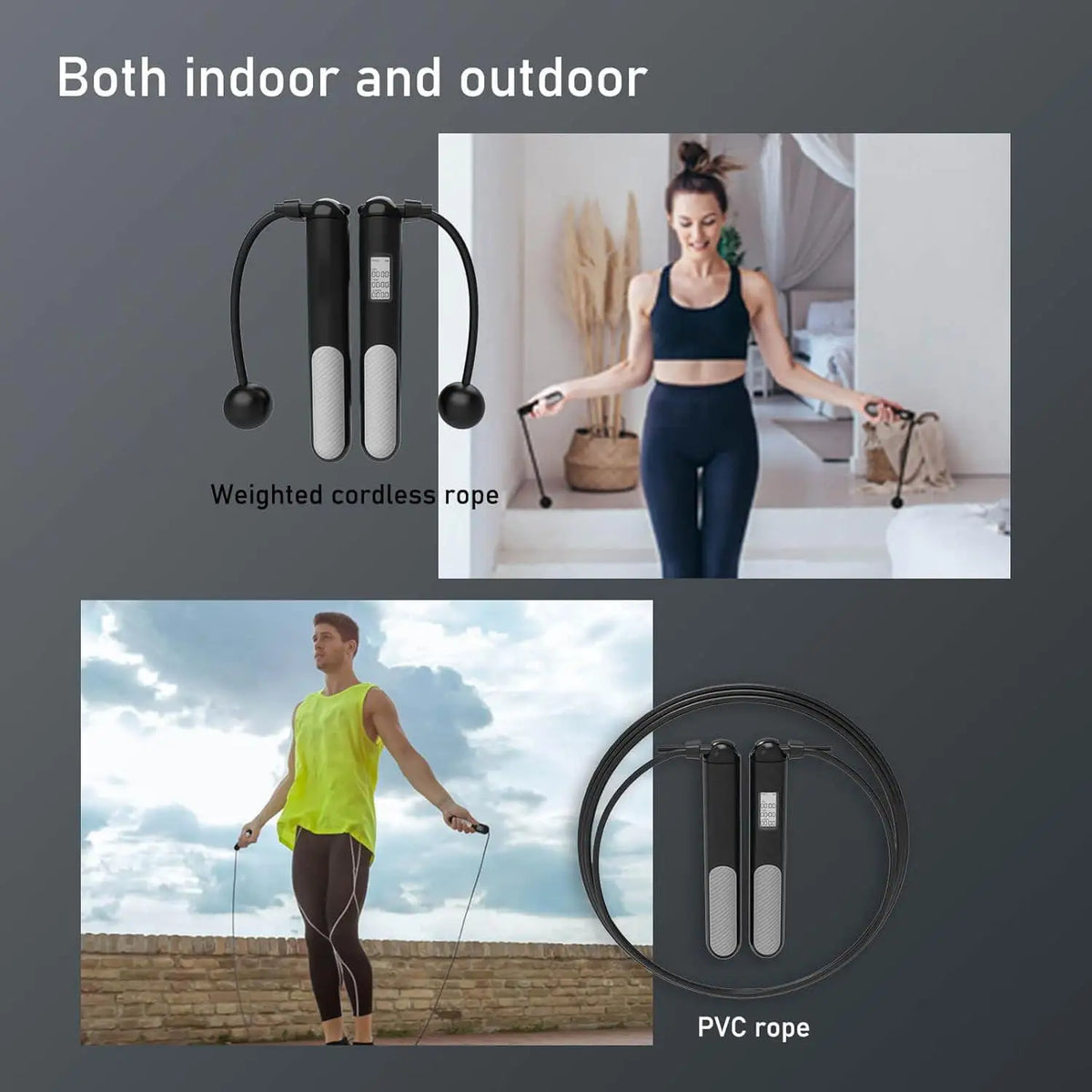 2-in-1 Smart Digital Weighted Jump Rope with LED Display Counter Cordless Skipping Rope Adjustable PVC Steel Wire Anti-Slip Handle for Adult Indoor Outdoor Cardio Workout Home Gym Fitness Training Portable Exercise Equipment