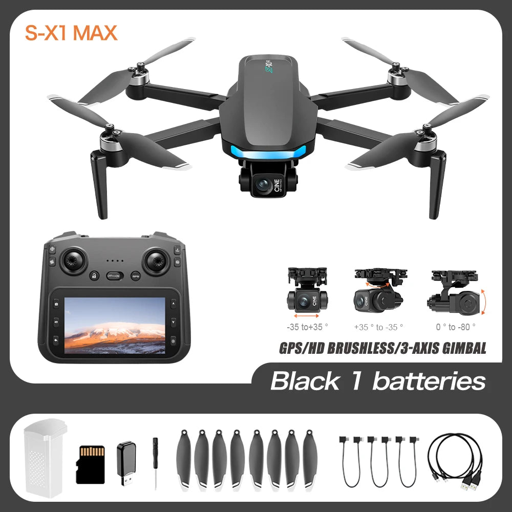S-X1 MAX 4K Dron profesional con cámara HD cardán de 3 ejes GPS Dron sin escobillas 5G WIFI pantalla Control remoto RC Quadcopter Juguetes