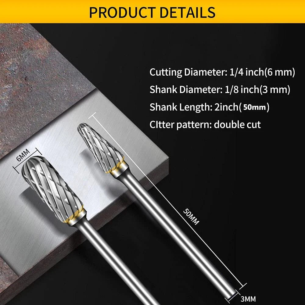 Carbide Rotary Burr Set 10PCS Double Cut Carving Burr Bits Tungsten Carbide 1/8" Shank 1/4" Grinding Head for DIY Carving