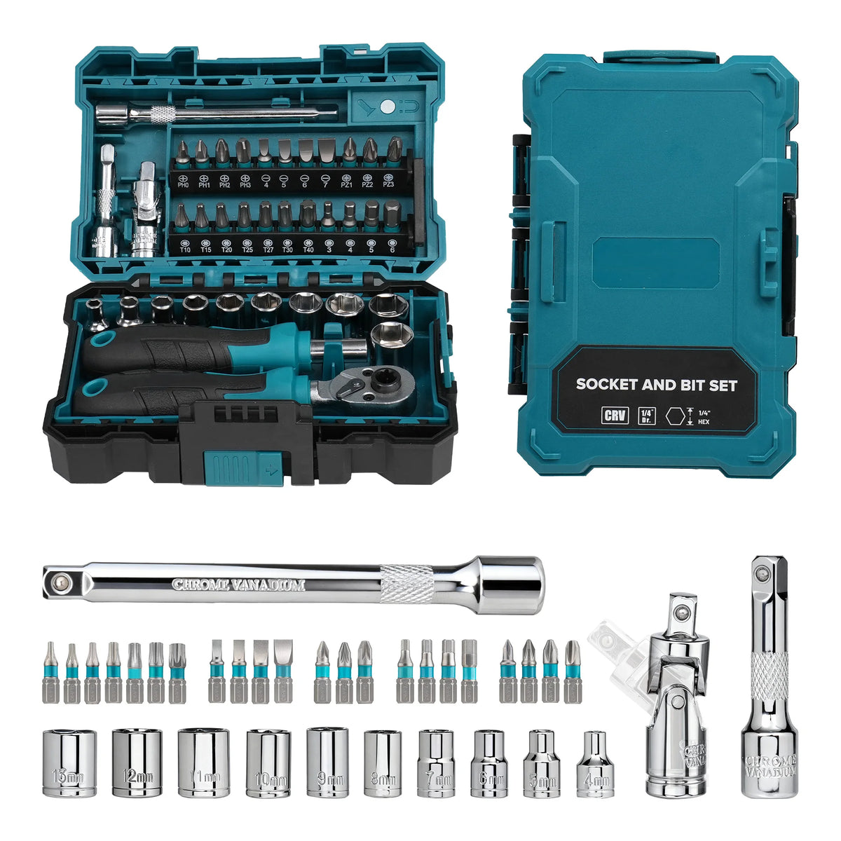 1/4" Ratchet Mini Socket Set 4-13 mm Socket Magnetic Drive Handle Extensions and Universal Joint for DIY and Car Repair 37PCS