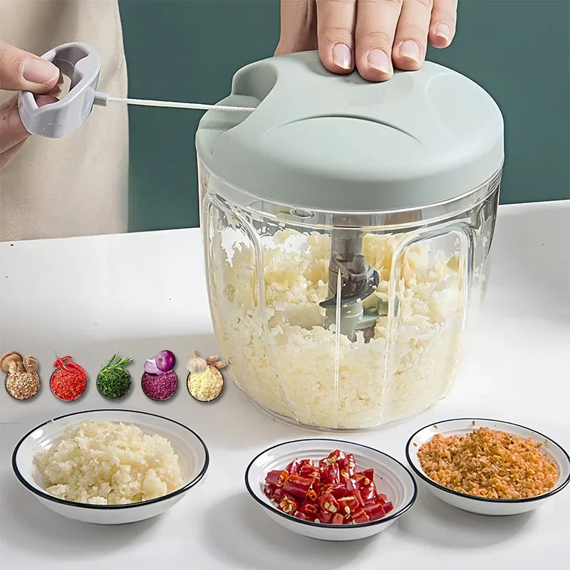 Garlic Mincer Hand Cutter - Hand Pull String Food Processor Vegetable Chopper - for Onion, Ginger, Fruits, Nuts, Dishwasher Safe