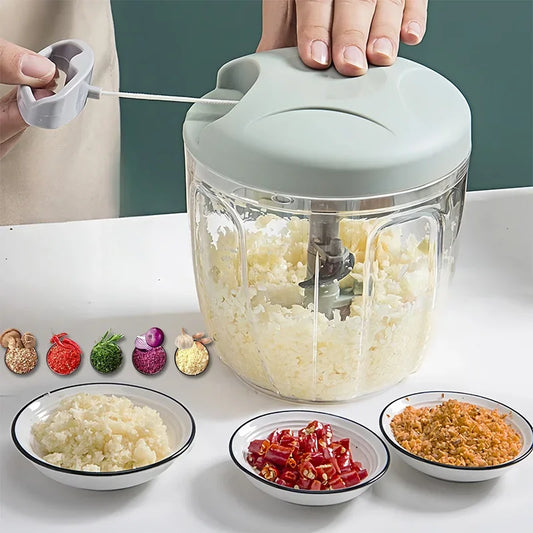 Picadora de Ajo Manual - Procesador de Alimentos con Cuerda - Cortador de Verduras para Cebolla, Jengibre, Frutas, Nueces, Apto para Lavavajillas
