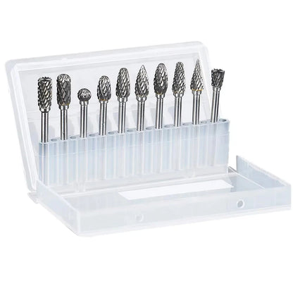 Carbide Rotary Burr Set 10PCS Double Cut Carving Burr Bits Tungsten Carbide 1/8" Shank 1/4" Grinding Head for DIY Carving