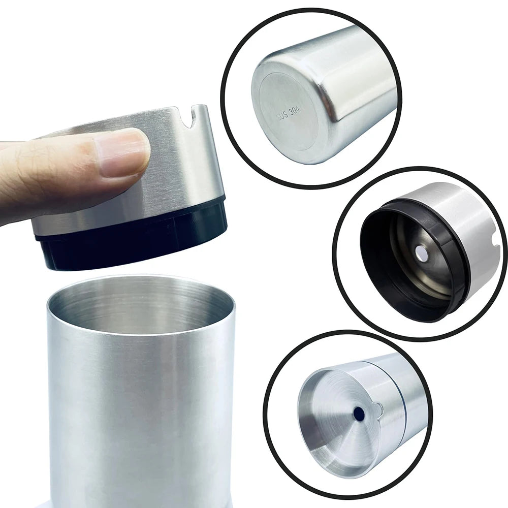 Portable Car Ashtray with Lid Stainless Steel Smokelss Ash Tray Detachable Windproof Ashtray for Auto Outdoor Mini Car Trash Can