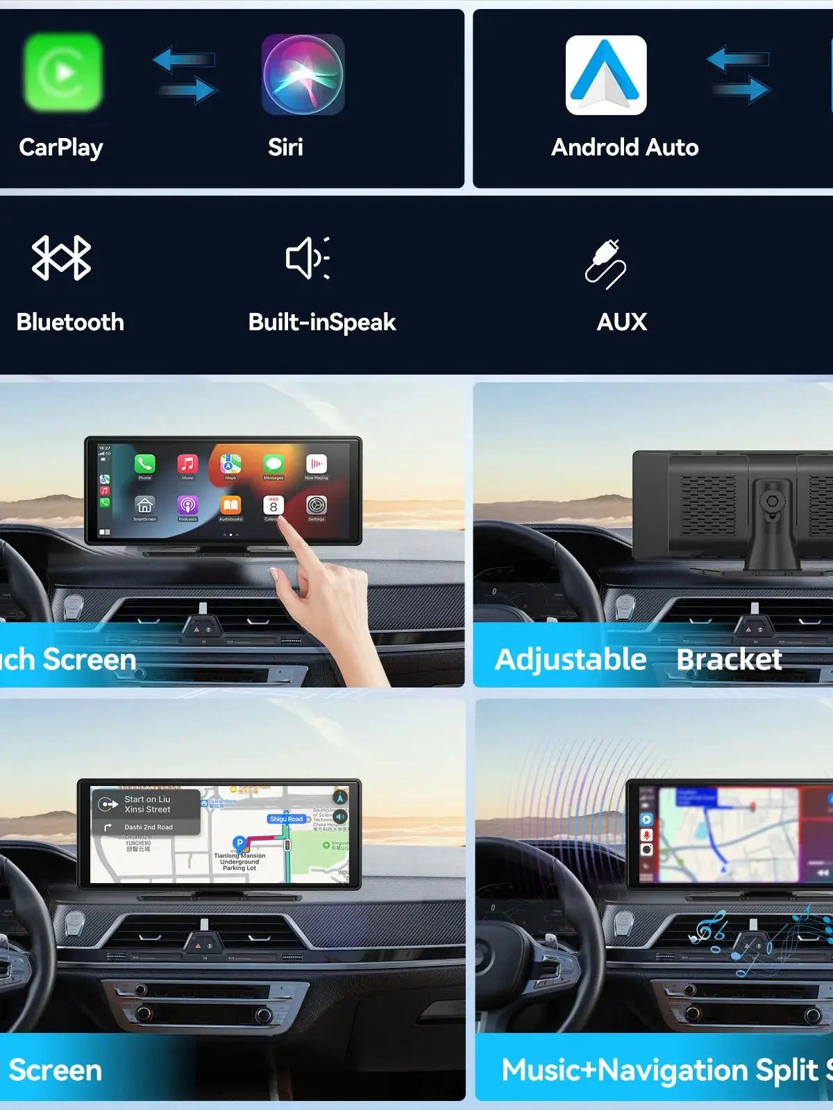 Universal Portable CarPlay Car Screen, Car Radio Multimedia WiFi Video Player, Wireless CarPlay Display for Apple or Android