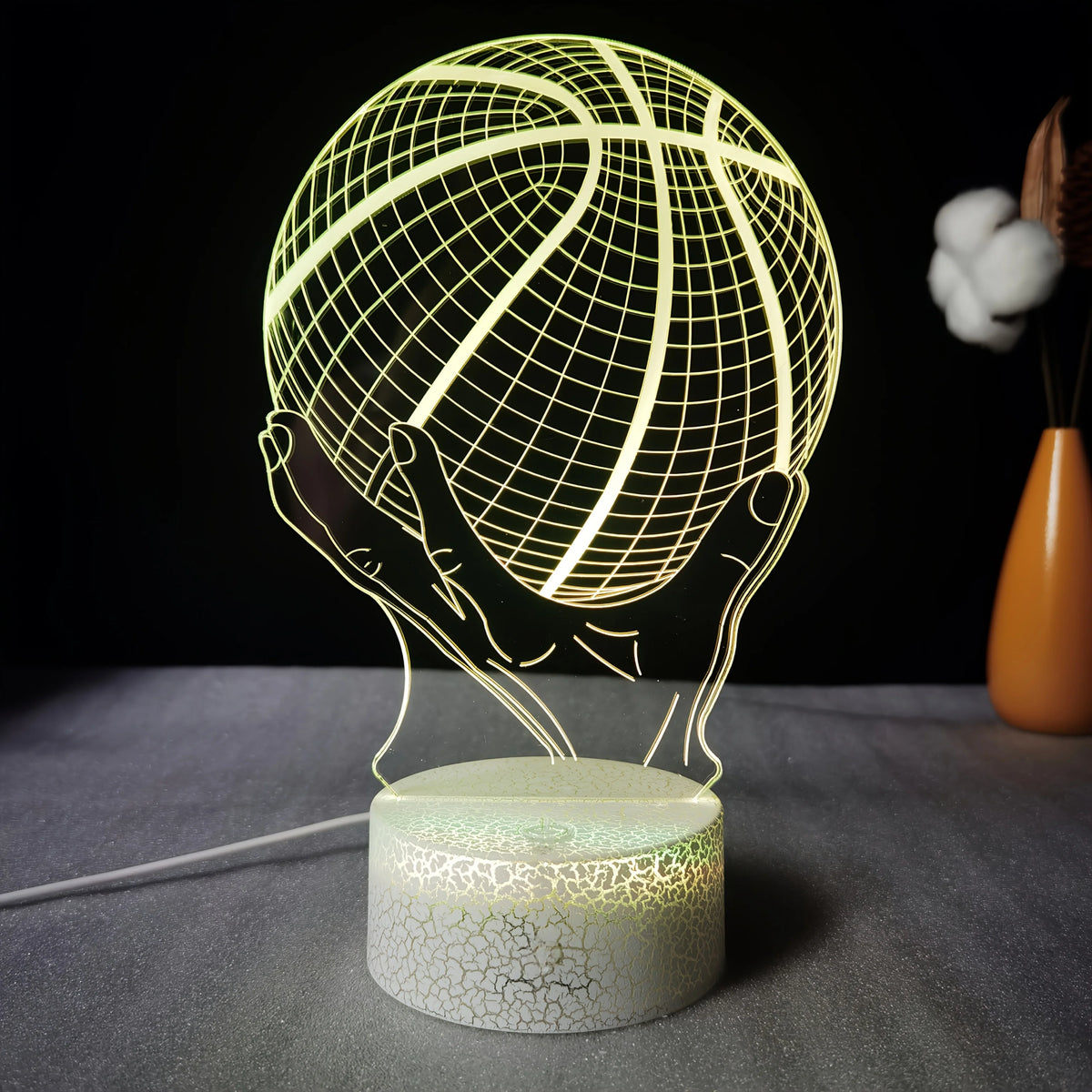 Handheld Basketball 3D LED Acrylic Night Light – Creative Gift, 7-Color Visual Crackle Effect, Desktop Decorative Lamp