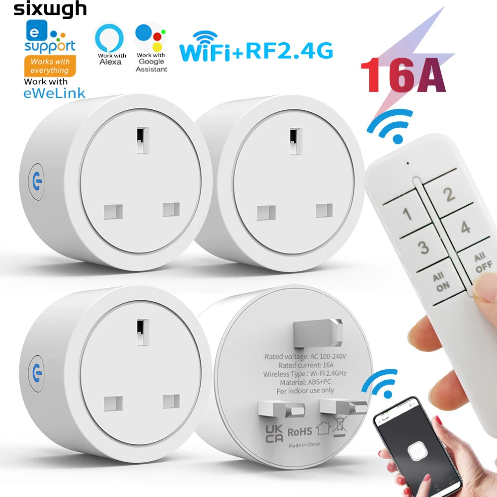 Enchufe inteligente WiFi con enchufe del Reino Unido, enchufe con control remoto inalámbrico, control por aplicación eWeLink, temporizador y cuenta regresiva, funciona con Alexa y Google Home.