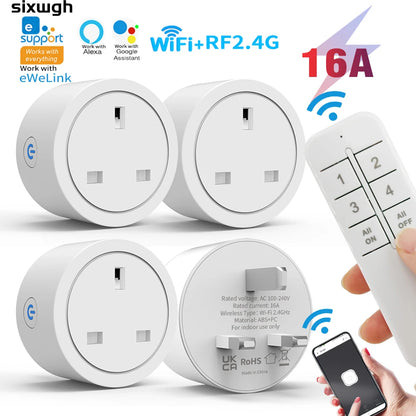Enchufe inteligente WiFi con enchufe del Reino Unido, enchufe con control remoto inalámbrico, control por aplicación eWeLink, temporizador y cuenta regresiva, funciona con Alexa y Google Home.