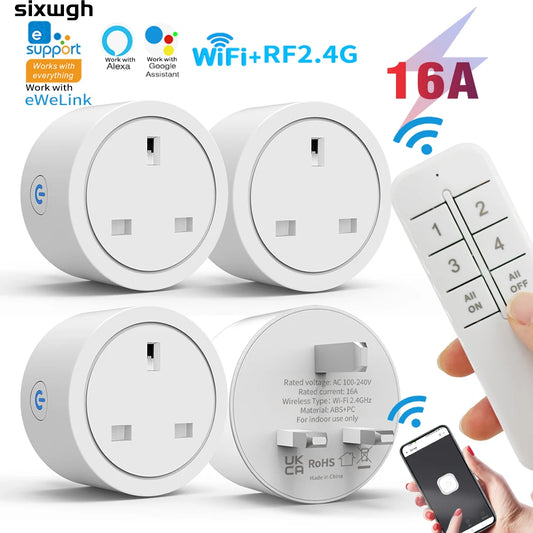 Enchufe inteligente WiFi con enchufe del Reino Unido, enchufe con control remoto inalámbrico, control por aplicación eWeLink, temporizador y cuenta regresiva, funciona con Alexa y Google Home.