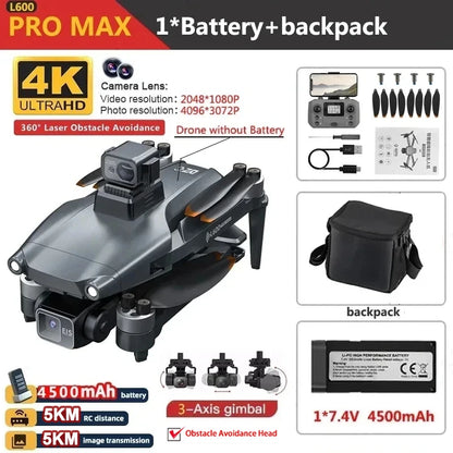 Dron GPS L600 PRO / PRO MAX Profesional 4K con Cámara Dual HD PTZ de 3 Ejes, Evitación de Obstáculos, Motor sin Escobillas, WIFI 5G, Dron de Seguridad