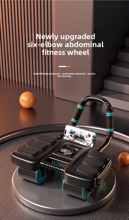Esta máquina de ejercicios abdominales de 4 ruedas cuenta con rebote automático, rodillos abdominales antideslizantes, soporte para teléfono, apoyo para los codos y rodilleras. Ideal para entrenamientos de core en casa.