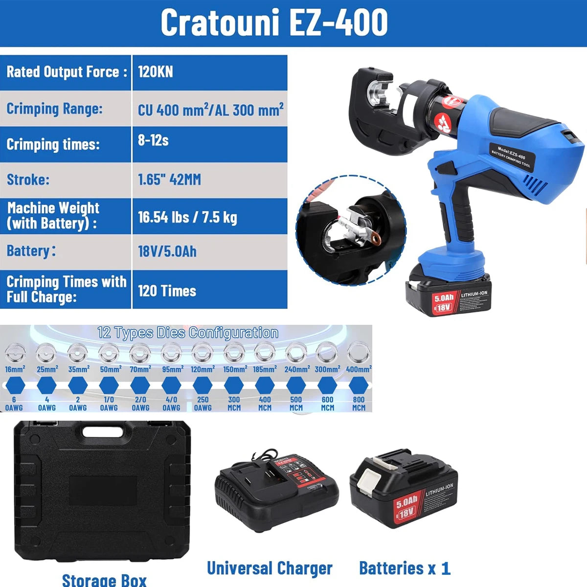 EZ-300 EZ-400 Electric Hydraulic Plier with Battery Handheld Rechargeable Cable Copper Aluminum Terminal Crimping Tool & 12 Sets of Dies